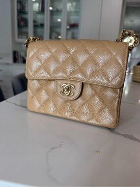 CHANEL mini single flap Beige Quilted Caviar Leather Crossbody Bag Gold Hardware